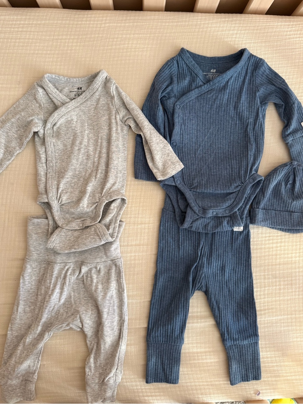 H&M Baby Kimono Bodysuit & Pants Set Bundle of 2 outfits - Grey & Denim Blue